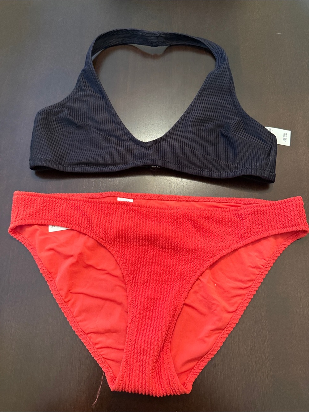 aerie Black Ribbed Halter Bikini Top & Red Textured Bikini Bottom